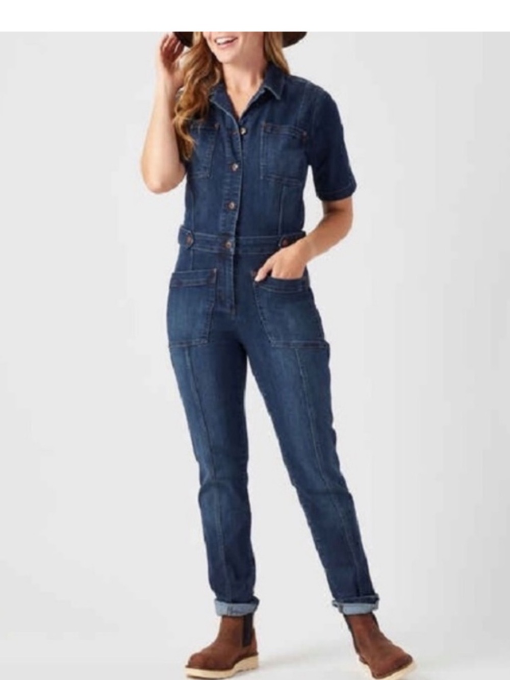 Duluth Trading Co Dark Denim Short-Sleeve Utility Jumpsuit